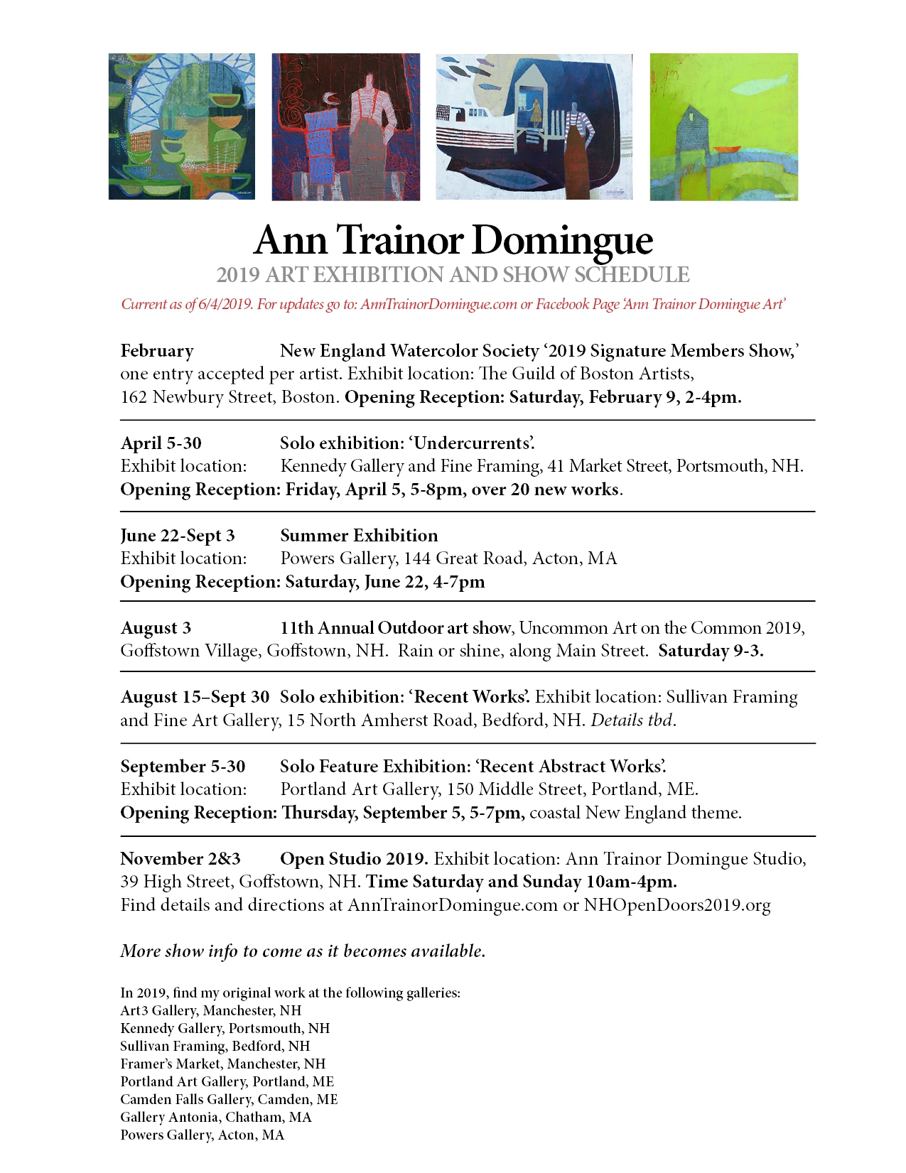 Click here to view 2019 Exhibition Schedule as of June 4 by Ann Trainor Domingue